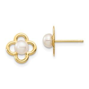 14k Yellow Gold Childrens 4-5mm White Button FWC Pearl Post Earrings